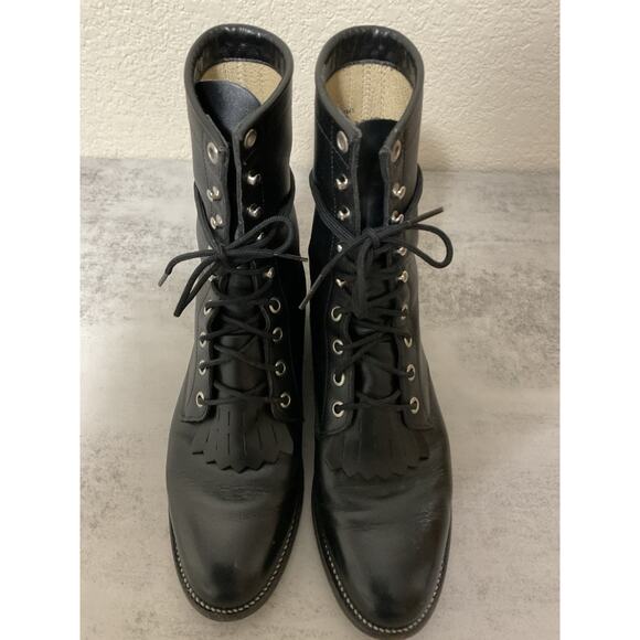 Justin Boots Black Leather Lace Kiltie Roper Cowboy Women size 7 C Style L0506 - Picture 1 of 13